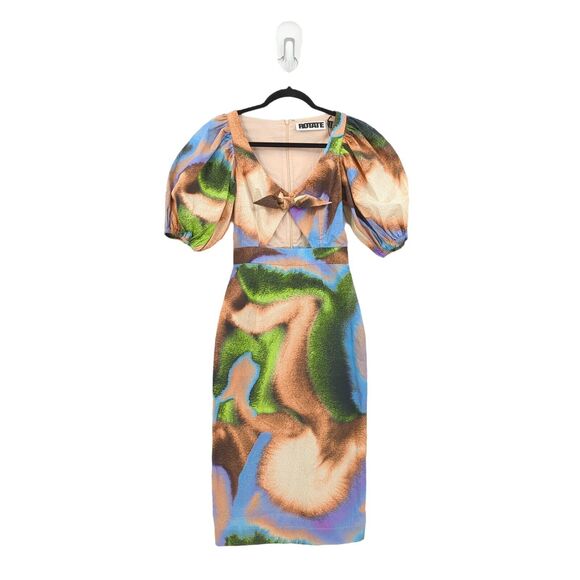 Rotate Women 0 Cara Dress Dusty Orange Watercolor Cutout Puff Sleeve Cotton Midi - Picture 2 of 9